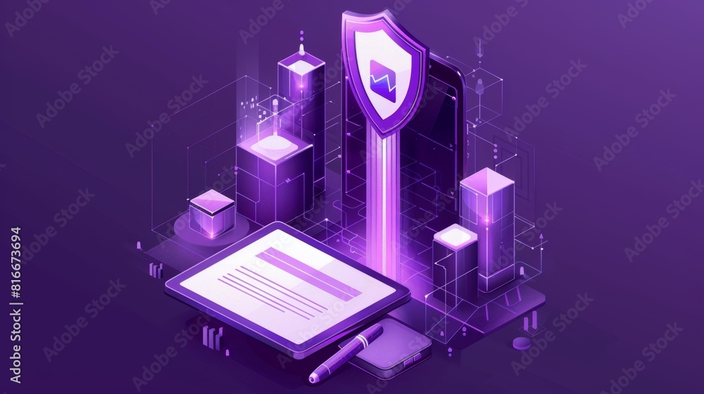 Poster an isometric illustration showing mobile document management or e-signatures using shields and styli