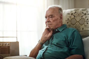 Nursing home, senior and man on couch, thinking and memory in living room, patient and healthcare...