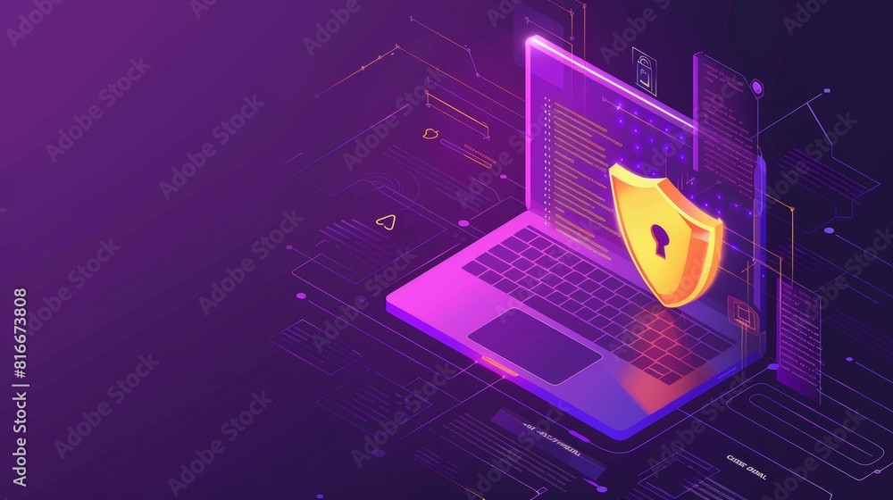 Poster a website landing page with a digital data stream, a golden shield protecting personal information, 