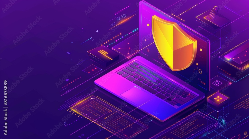 Aufkleber open laptop screen with golden shield guarding personal information, purple background with digital 