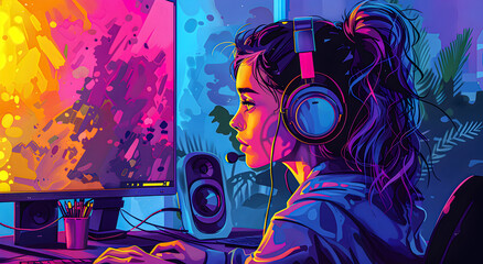 Illustration of a Woman immersed in podcasting.