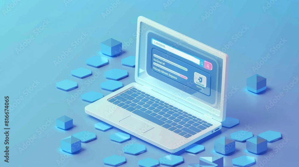 Poster internet account security guarantee isometric modern. frame with login and password on blue honeycom