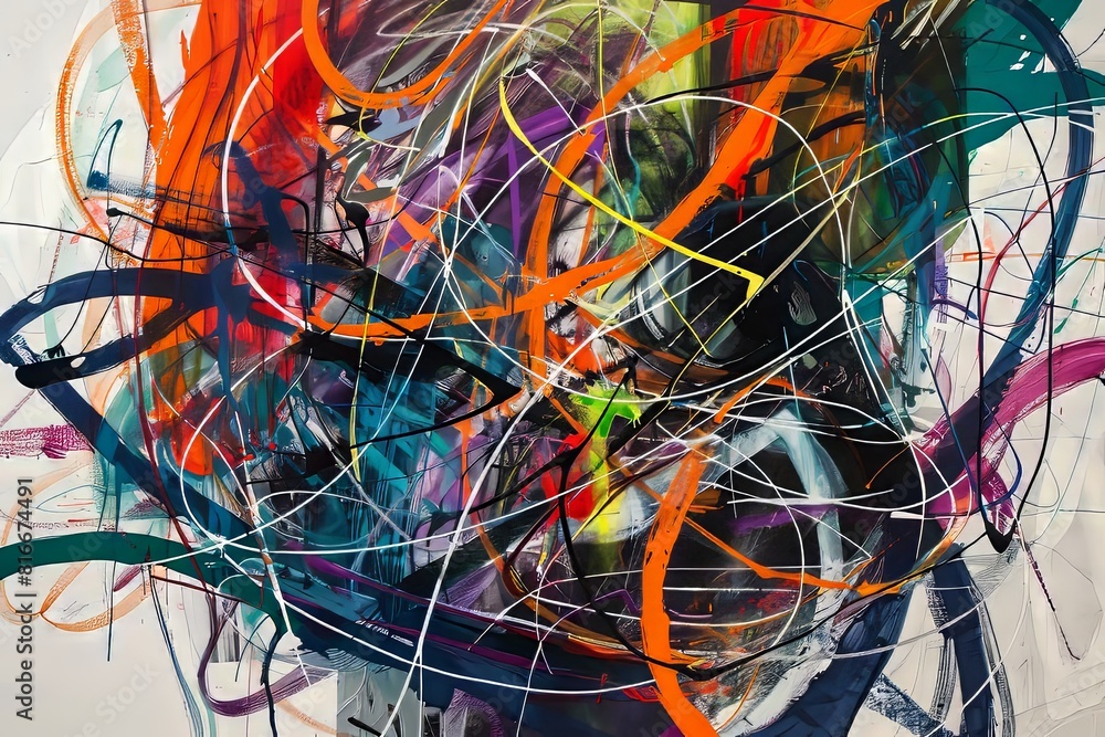 Poster an abstract painting filled with a myriad of colorful lines intersecting and weaving across the canv