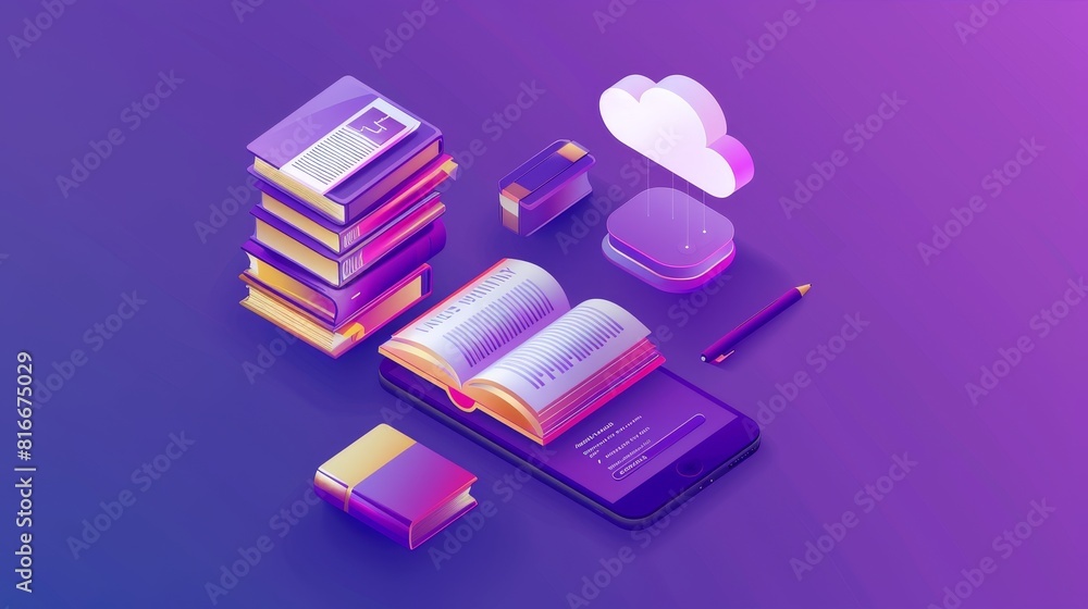 Poster modern illustration of an online education concept. open books on a mobile phone screen and a cloud 