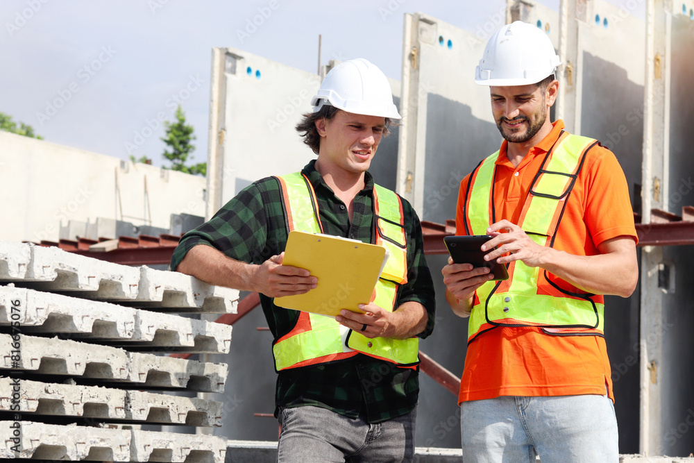 Wall mural two happy worker engineers with safety vest and helmet holding digital tablet document file to inspe