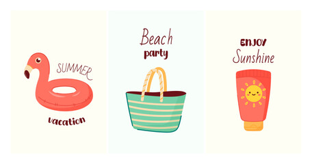 Summer illustration card, poster, banner with summer accessories. Set of vector templates with beach bag, sunscreen, inflatable ring