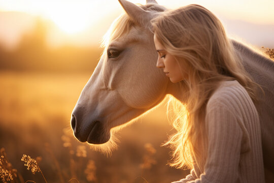 Image portrait of a people spending time with hourse outdoors generative AI