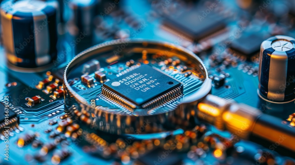 Poster macro view of computer microchips on electronic circuit board magnified with copy space