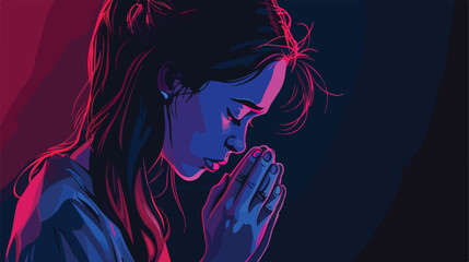 Sad teenage girl praying against dark background Vector
