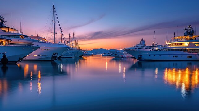A photograph of a luxury yacht marina at dusk, the boats illuminated and reflecting on the calm wate  