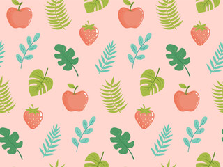 Seamless pattern with tropical leaves, twigs, strawberry and apple. Exotic floral pattern for design and textile. Summer background in pastel colors.