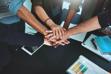 Hands, stack and meeting for teamwork collaboration in finance, planning or commitment. People,...