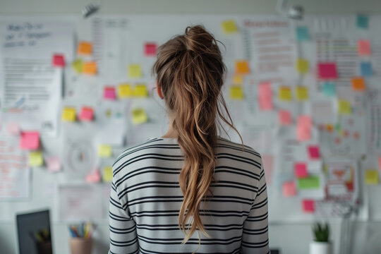 A beautiful young woman with her hair pulled back stands in front of a blackboard with reminders of what she needs to do and learn today
