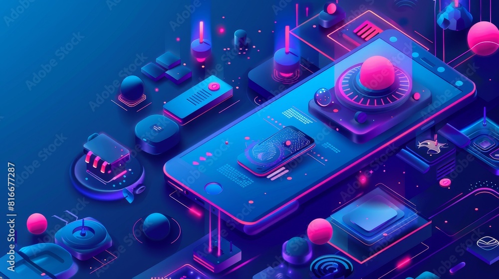 Poster mobile network technology isometric landing page. mobile phone internet speed connection background.