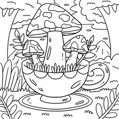 Mushrooms Sprouting from Teacup Coloring Page 