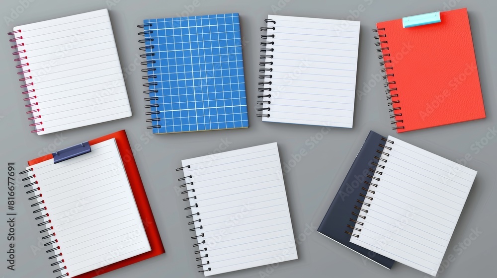 Wall mural A set of notebook sheets isolated on a gray background. Lined, checkered and dots pages for memo pads and daily planners. A notepad empty paper with a spiral bound on a gray background. Realistic 3D