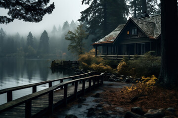 Fototapeta premium House Overlooking Lake and Forest