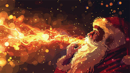 Santa Claus blowing glowing lights on color background