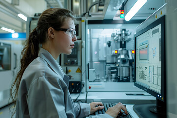 Female engineer programming CNC machinery in high-tech manufacturing facility. AI Generated.