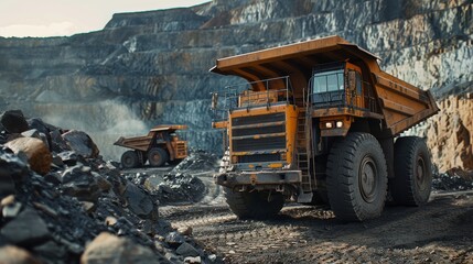 High-definition close-up shot of a big mining truck at a coal quarry, showcasing modern mining technology and rugged terrain, isolated for advertising