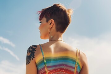 Pride month concept back view beautiful woman with short hair and minimalist rainbow color tattoos wearing a backless dress body painted in rainbow colors 
