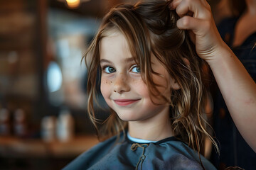 little cute girl getting his haircut by barber