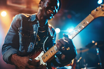 Obraz premium Crazy rockers at rock concert in night club heavy metal performance rock and roll lifestyle Generative AI