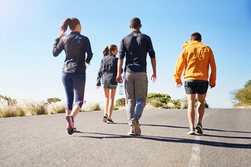 People, friends and walking exercise as group or running community for club sports, hiking or...