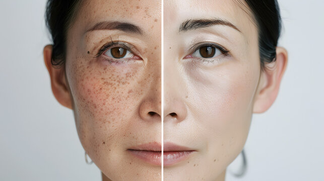 美容効果を示すアジア人女性のビフォーアフター比較イメージ.