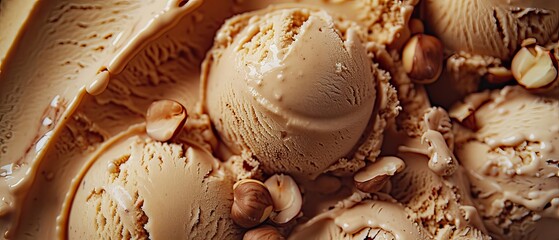 Summer food photography banner panorama long - Close up of hazelnut ice cream gelato texture, top view