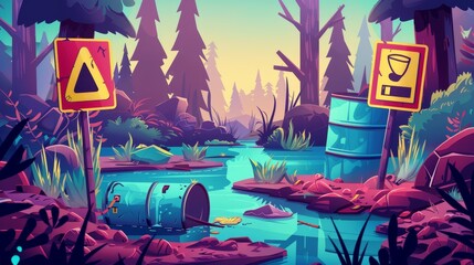 Cartoon illustration of a dirty swamp with pipes, barrels, and warning signs. Environmental pollution and ecological problems. Forest and marshes with garbage.