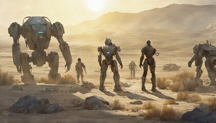 Mech pilots lead a determined march across a sun-scorched desert, casting long shadows in the dust, in this immersive post-apocalyptic scene.. AI Generation