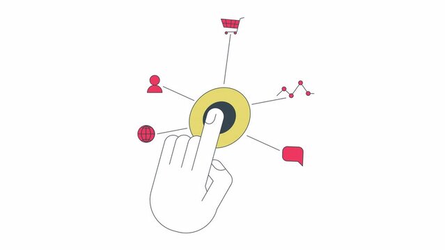 Using digital services with one touch line 2D character hand animation. Internet network access flat color cartoon 4K video, alpha channel. Pressing button animated hand on white background