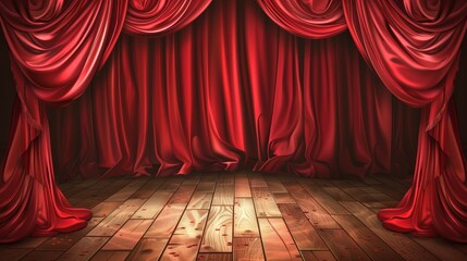 Red stage curtain and wooden floor realistic modern. Theater, opera backdrops, concert grand openings, and movie premieres. A portiere for a ceremony performance template.