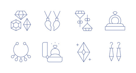 Jewelry icons. Editable stroke. Containing diamond, necklace, marriage, gemstone, earrings, rings.