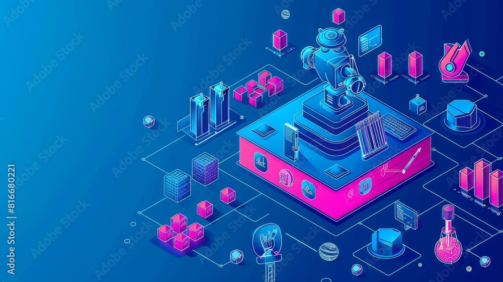 Poster the banner of a keyword research tool has isometric icons on a blue background. a web page for a seo