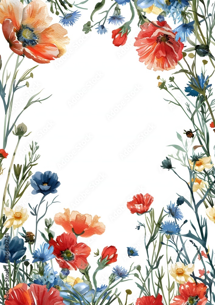 Poster a colorful flowery border with a white background. the flowers are in various colors and sizes, and 