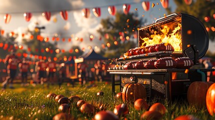 American football tailgate party, grilling and gameday snacks, team colors and festive atmosphere, energetic digital illustration