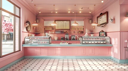 American ice cream parlor, vintage setting, variety of flavors displayed, pastel color scheme, nostalgic watercolor style