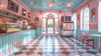 American ice cream parlor, vintage setting, variety of flavors displayed, pastel color scheme, nostalgic watercolor style