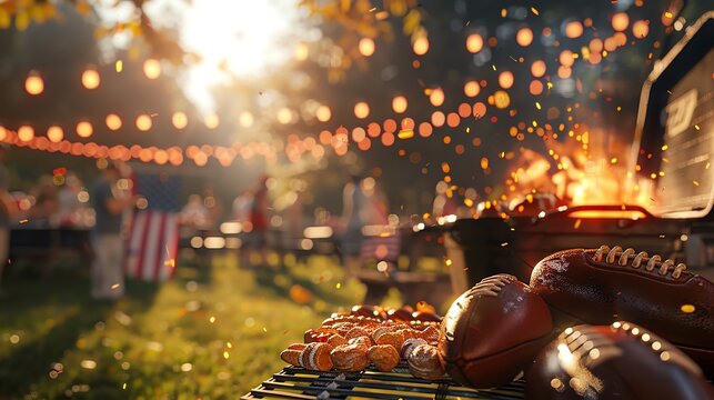 American football tailgate party, grilling and gameday snacks, team colors and festive atmosphere, energetic digital illustration