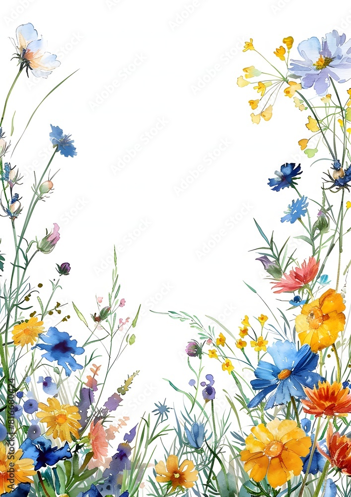 Poster a painting of a field of flowers with a white background. the flowers are in various colors and are 