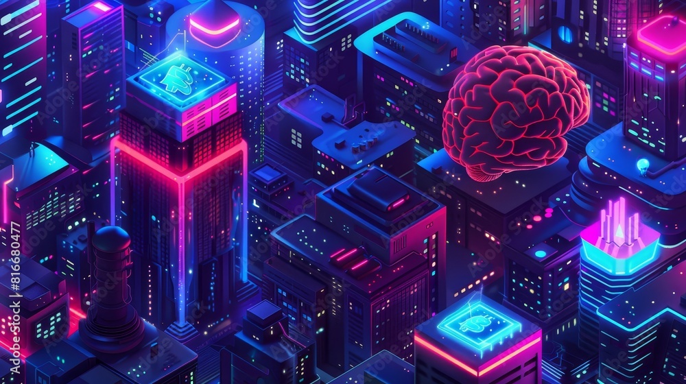Poster blockchain technology website. bitcoin, human brain and neon glowing skyscraper buildings in smart c