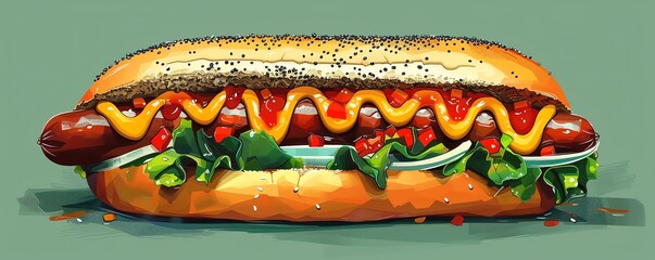Chicago hot dog, loaded with toppings, iconic poppy seed bun, bold and colorful illustration, pop art style