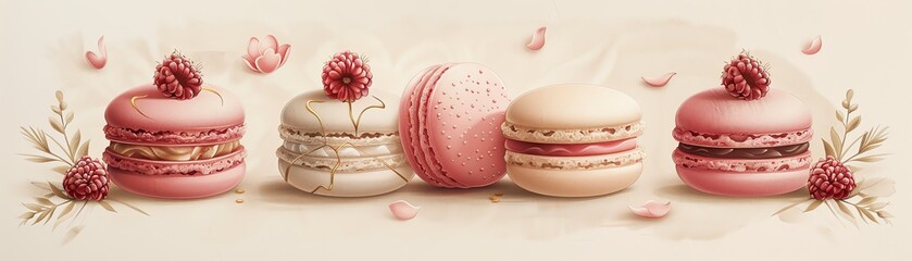 Dessert patisserie menu, vintage French style, detailed illustrations of pastries and macarons, pastel shades, elegant gold leaf accents