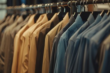 Rack with clean shirts near light wall, clothes on hangers in shop, Men Clothes hang on a rack in a clothing store close shot