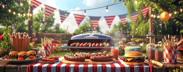 Fourth of July backyard barbecue, burgers and hot dogs on the grill, festive red, white, and blue decorations, digital illustration