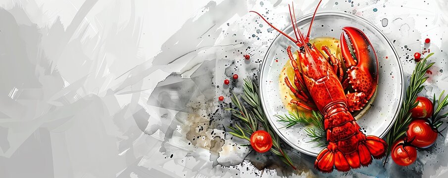 Fine dining restaurant menu, elegant sketch style, featuring high cuisine dishes like lobster thermidor, soft gray tones with metallic silver accents, sophisticated layout