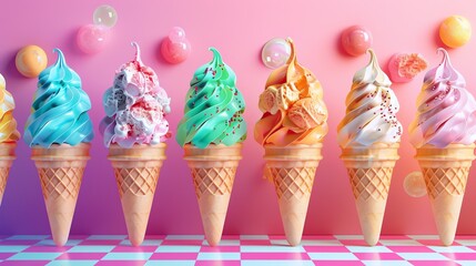 Ice cream parlor menu, pop art style, bold illustrations of various ice cream flavors, pastel checkerboard pattern, playful bubble fonts