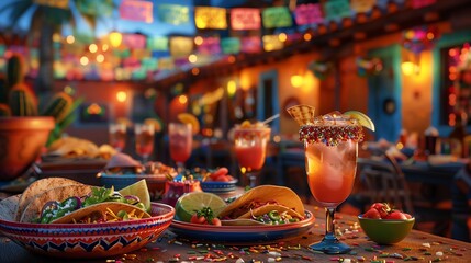 Mexican cantina menu, vibrant and festive, featuring tacos and margaritas, folk art decorations, bright primary colors, traditional papel picado border design
